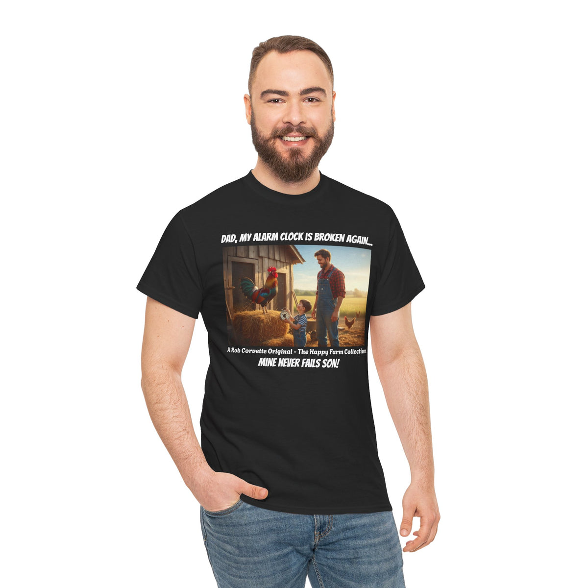 "Mine Never Fails Son — Funny Rooster Alarm Clock Shirt — Father Son Farm Tee — The Happy Farm Collection"