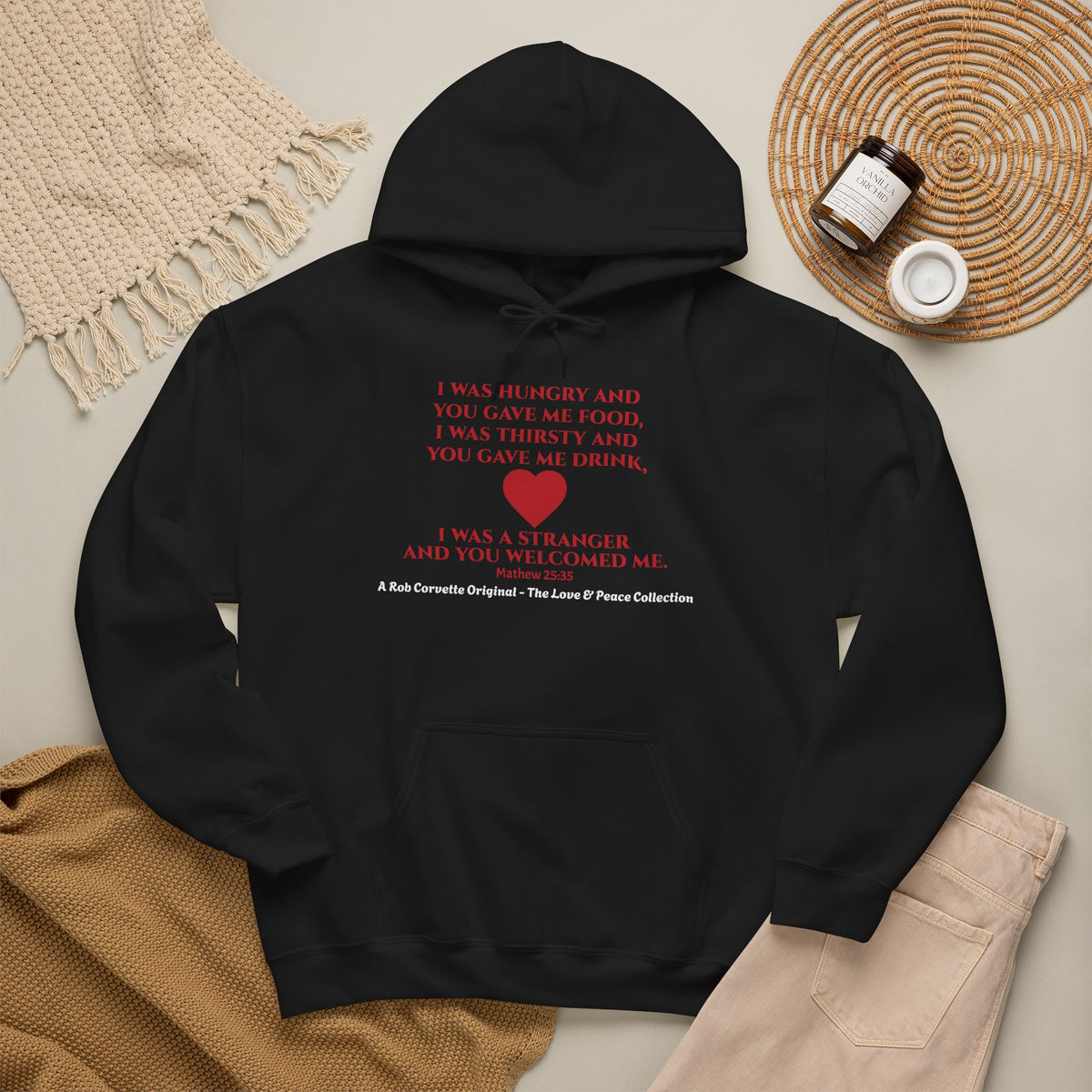 Matthew 25:35 Hoodie - I Was Hungry And You Gave Me Food - Love & Peace Collection - Christian Scripture Gift - Faith Based Apparel