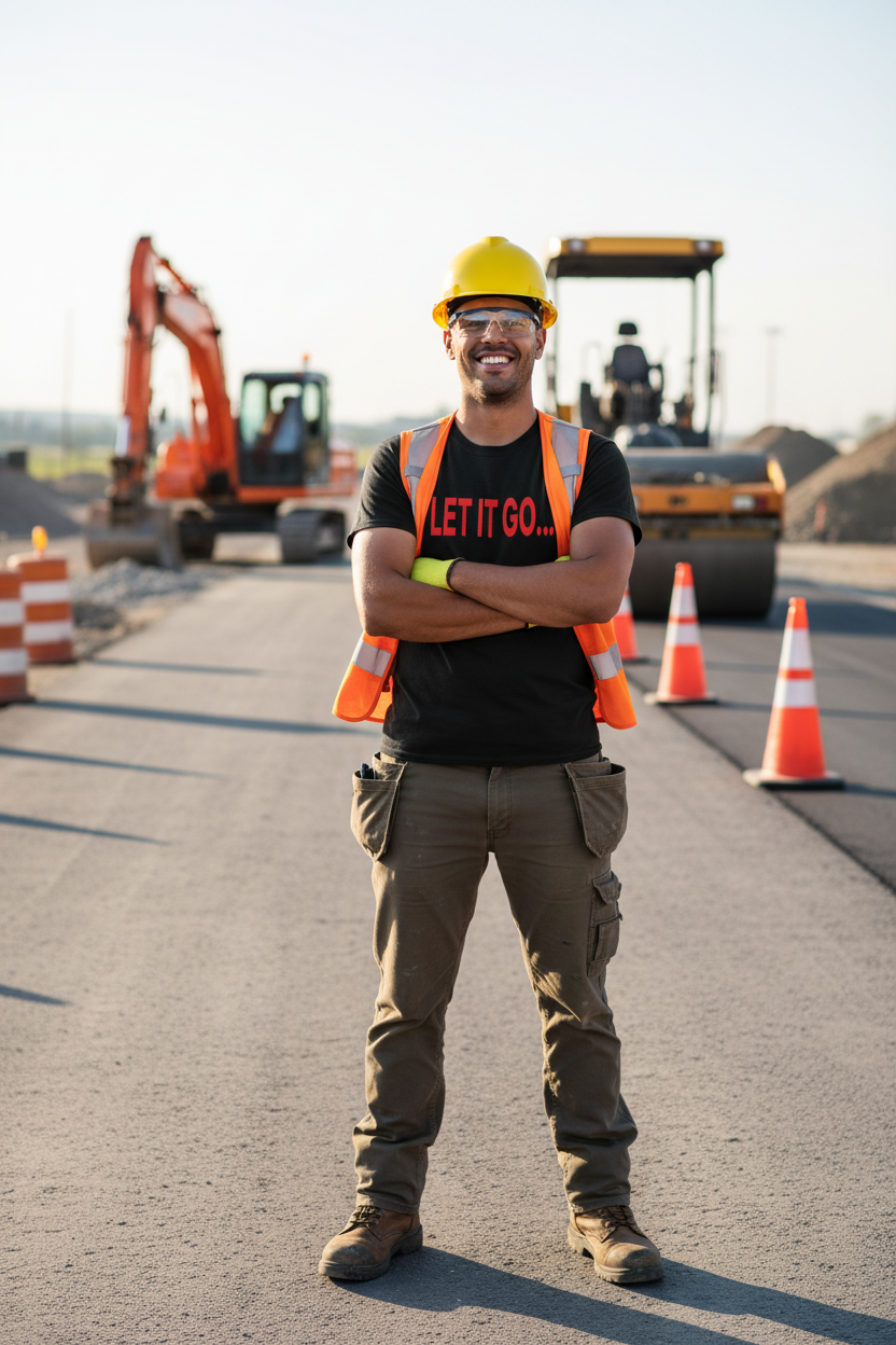 Male construction worker on road site wearing Let It Go graphic t-shirt