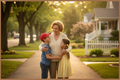 I Love You Grandma Grandson and Granddaughter Bundle Set — grandmother hugging both grandchildren on a warm golden sidewalk