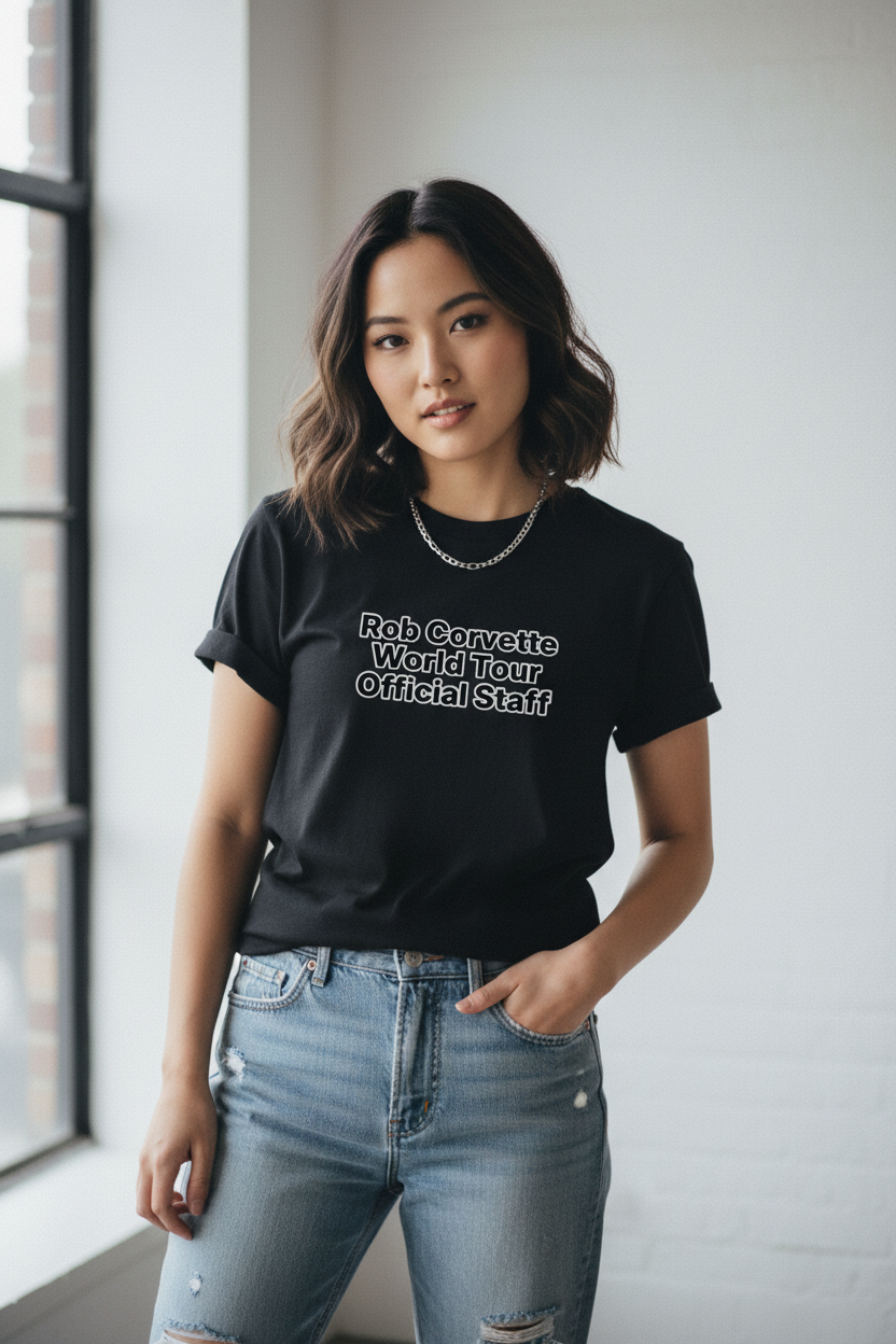 Asian female model wearing Rob Corvette World Tour T-Shirt