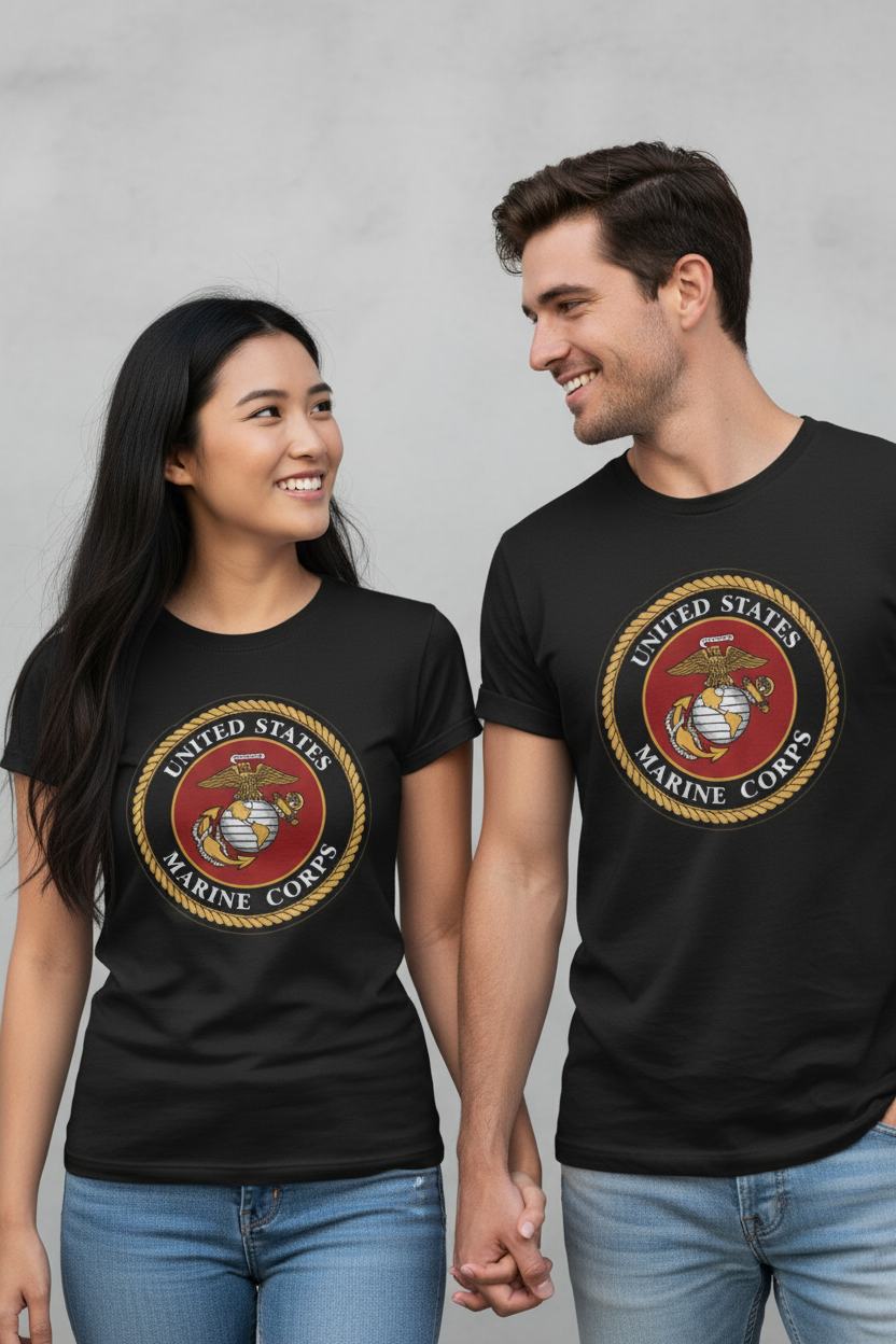 Asian female and American male couple holding hands wearing USMC Eagle Globe and Anchor graphic t-shirts